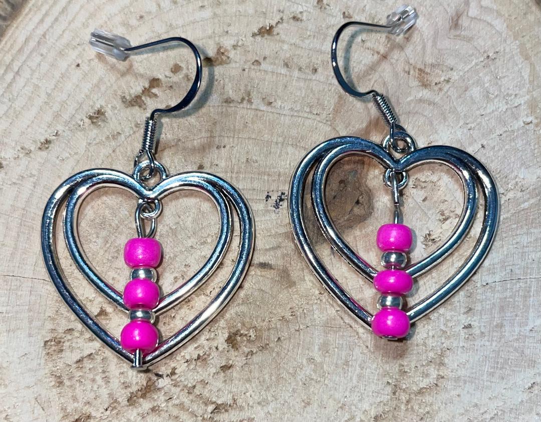 NEW Double Heart Hoop Earrings w/ Pink Beads