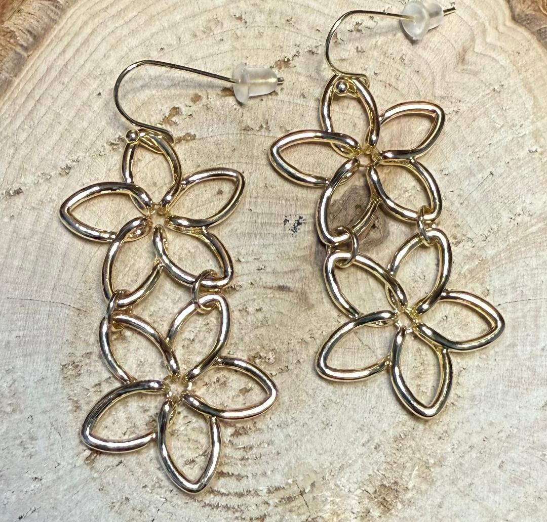 NEW Double Hollow Gold Flower Drop Earrings