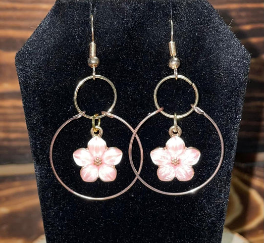 NEW Double Hoop Earrings w/ Pink Blossom Flower