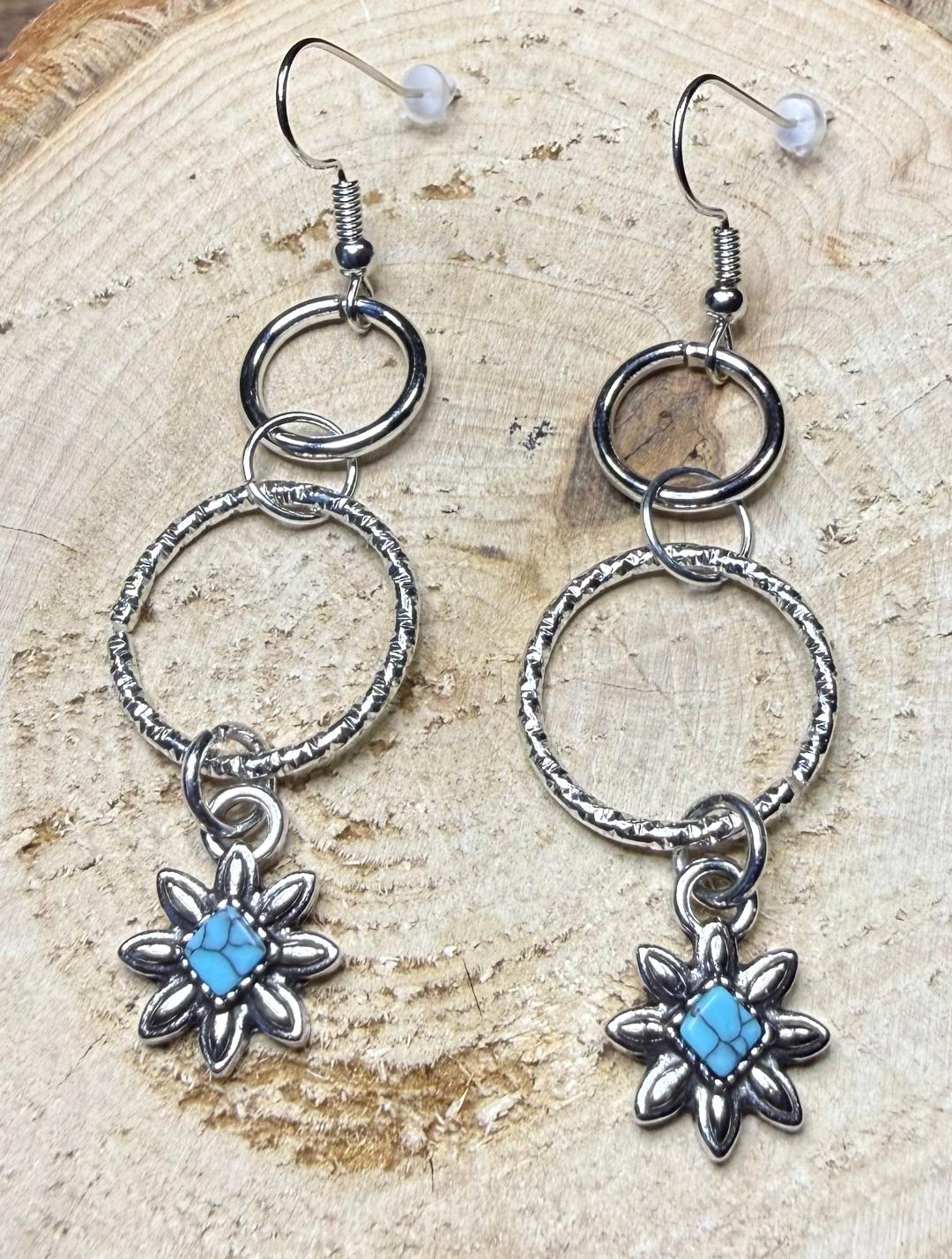 NEW Double Hoop Earrings w/ Faux Turquoise Center Flower Charms