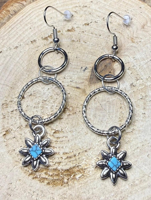 NEW Double Hoop Earrings w/ Faux Turquoise Center Flower Charms