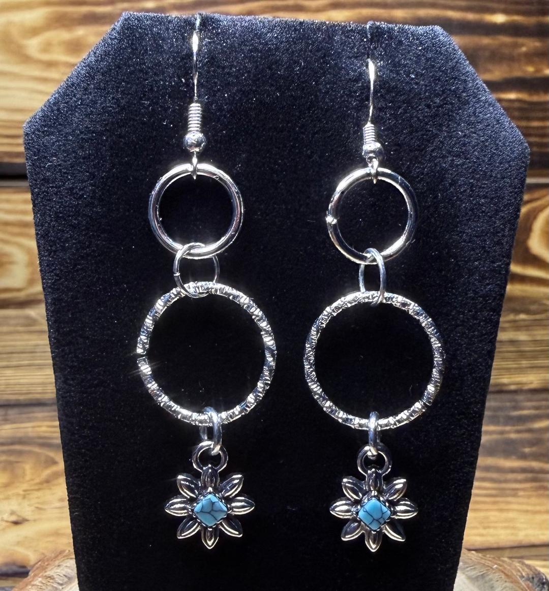 NEW Double Hoop Earrings w/ Faux Turquoise Center Flower Charms
