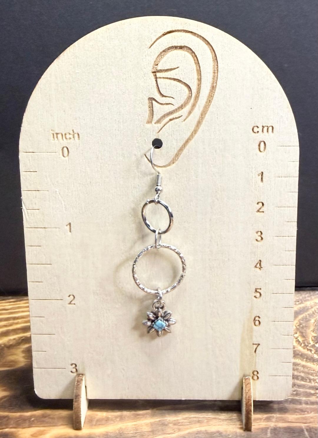 NEW Double Hoop Earrings w/ Faux Turquoise Center Flower Charms