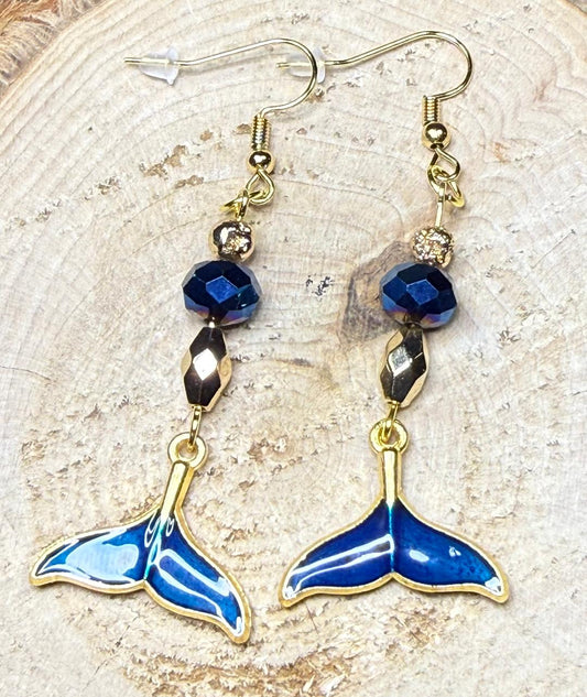 NEW Enamel Mermaid Whale Fish Tail Charm Earrings w/ Glass & Lava Beads