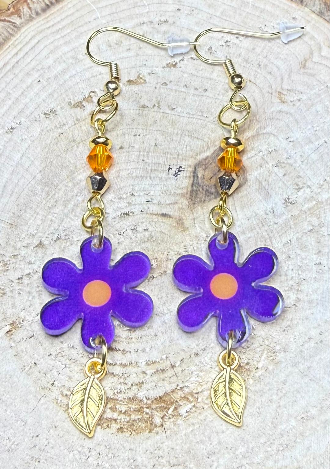 NEW Purple Hippie Flower Earrings w/ Glass Beads & Tiny Gold Leaf Charms