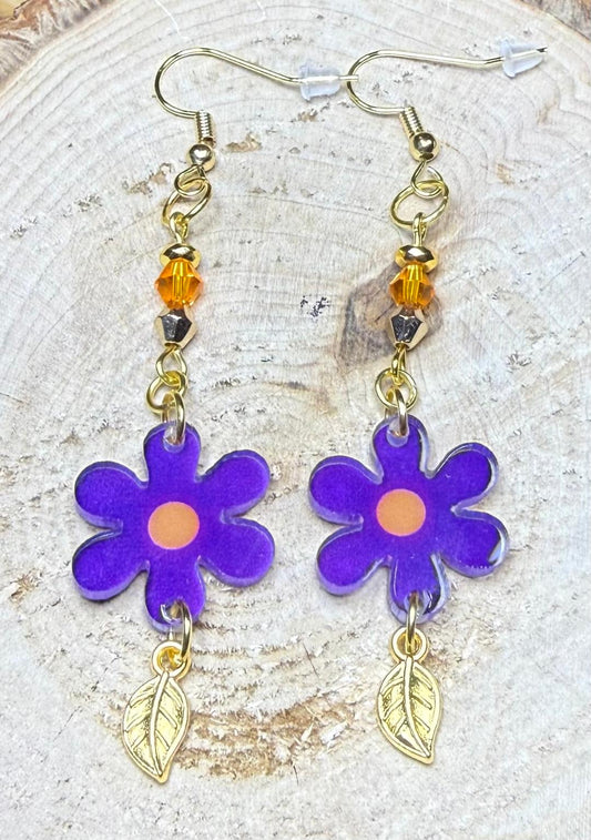 NEW Purple Hippie Flower Earrings w/ Glass Beads & Tiny Gold Leaf Charms