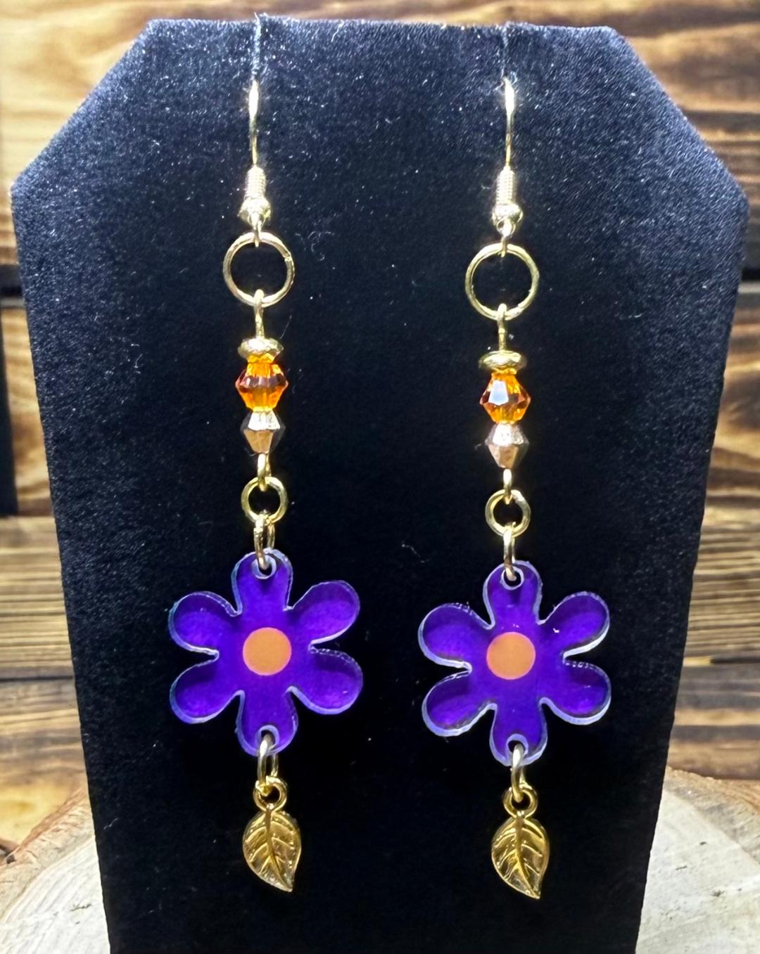 NEW Purple Hippie Flower Earrings w/ Glass Beads & Tiny Gold Leaf Charms