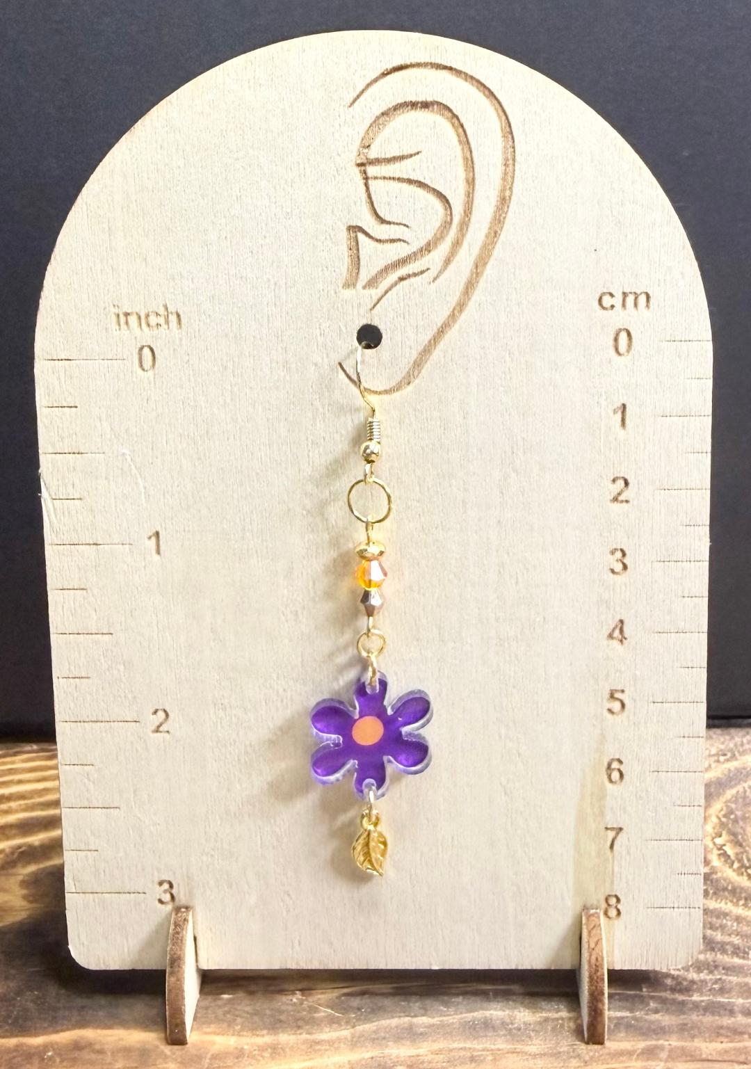 NEW Purple Hippie Flower Earrings w/ Glass Beads & Tiny Gold Leaf Charms