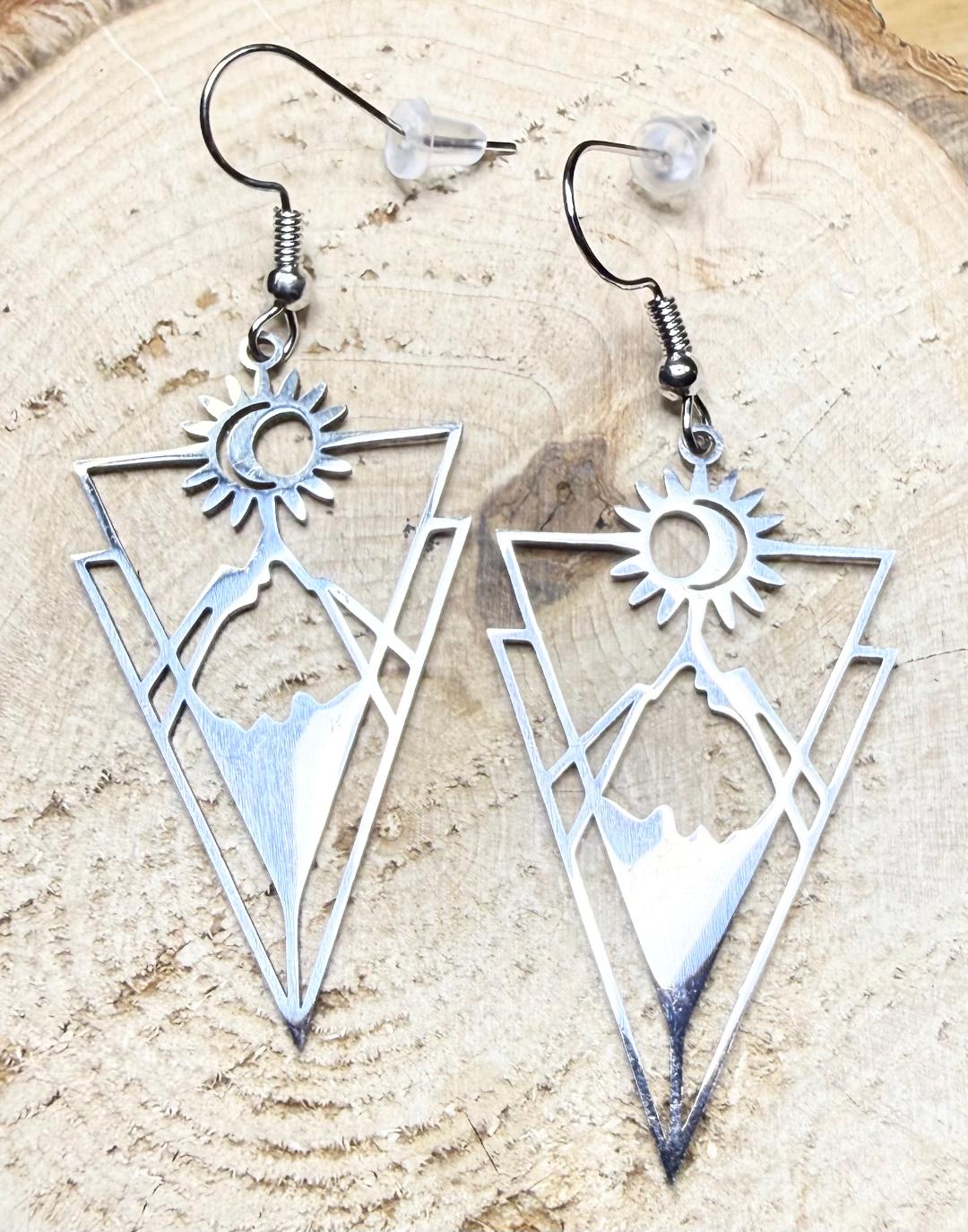 NEW Silver Triangle Stainless Steel Mountain Moon Scene Earrings
