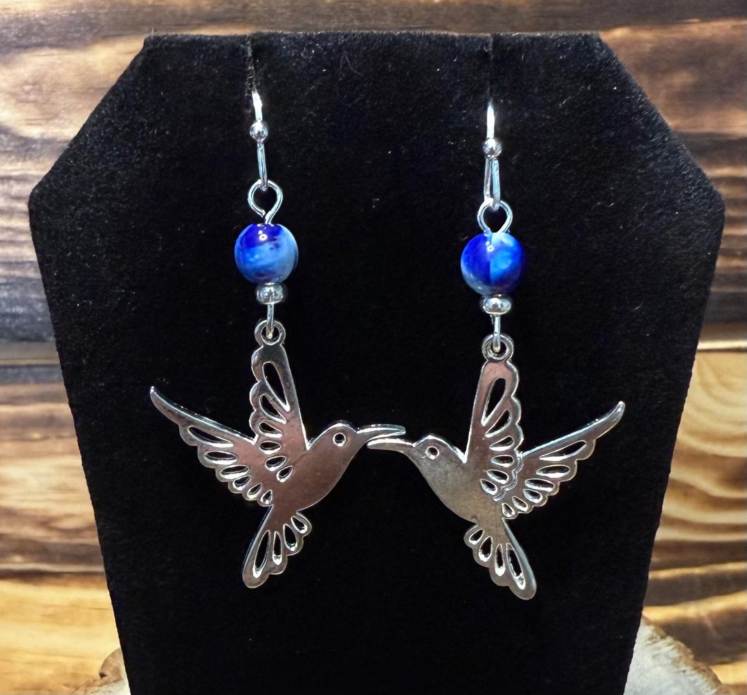 NEW Silver Peace Dove & Blue Glass Tie Dye Bead Earrings