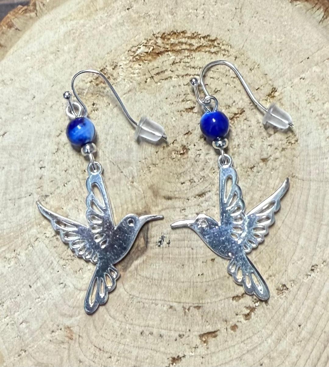 NEW Silver Peace Dove & Blue Glass Tie Dye Bead Earrings