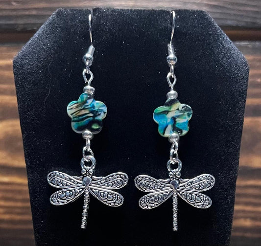 NEW Dragonfly & Abalone Finish Flower Charm Earrings