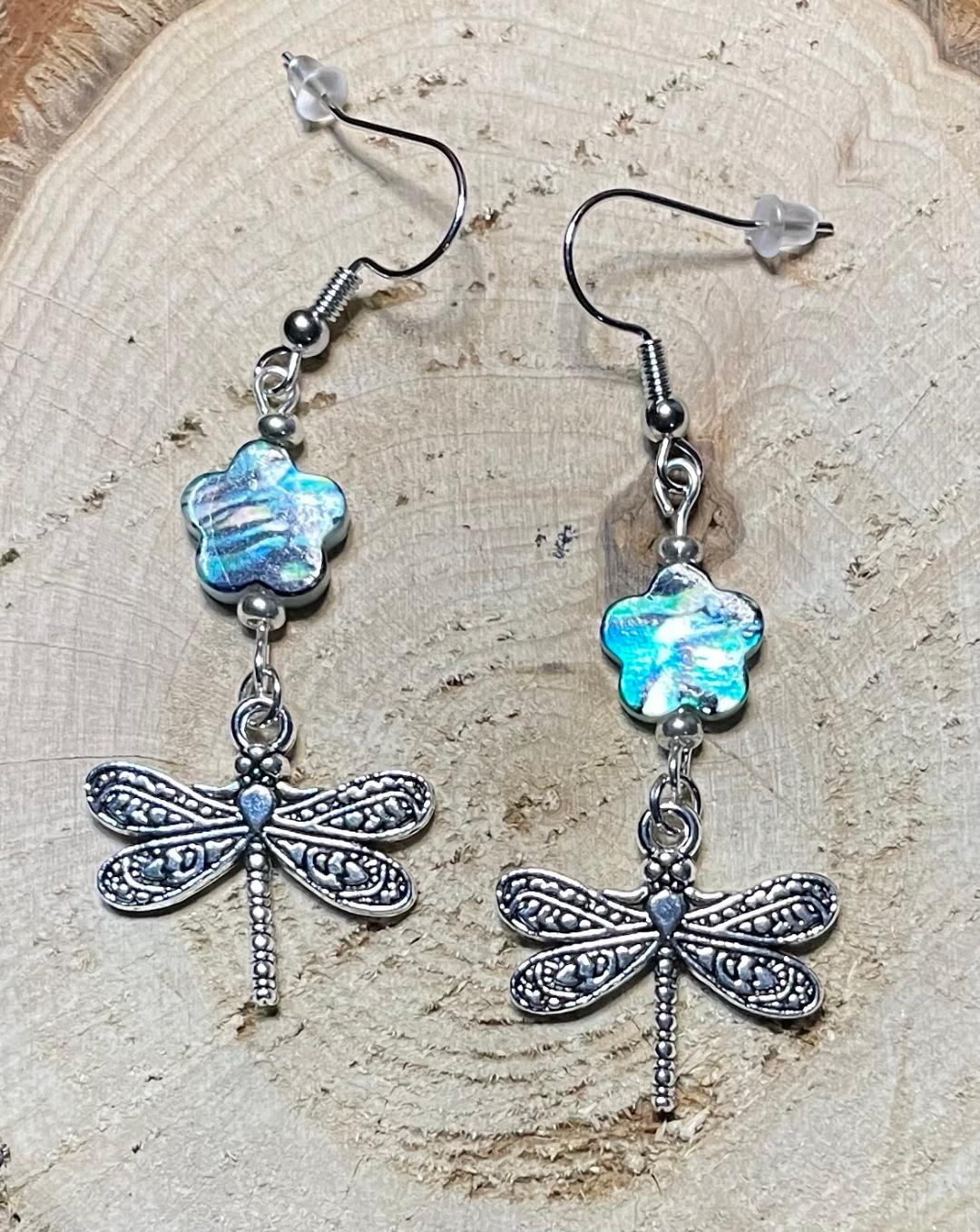 NEW Dragonfly & Abalone Finish Flower Charm Earrings
