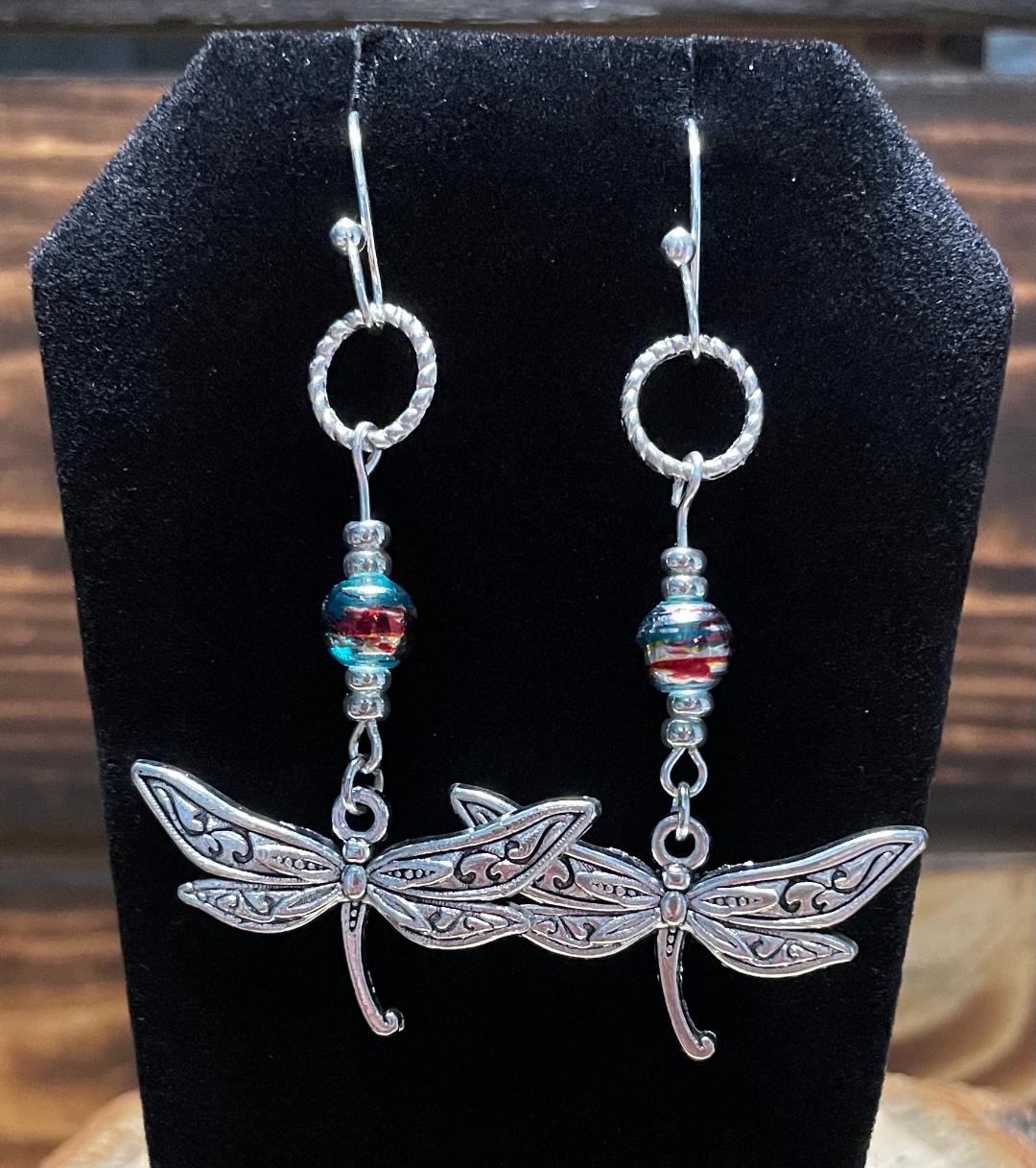 NEW Etched Dragonfly Earrings w/ Confetti Glass Beads