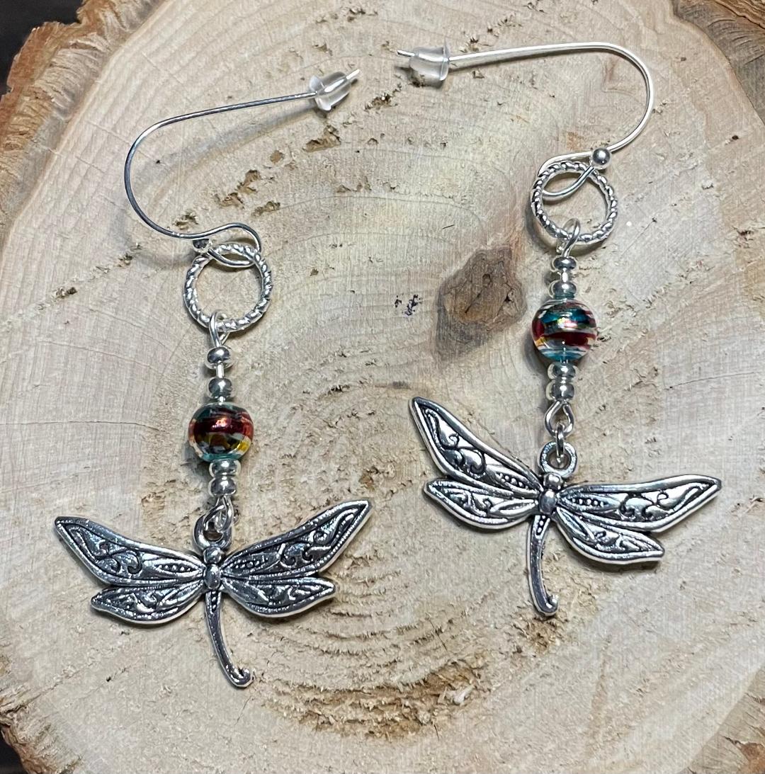NEW Etched Dragonfly Earrings w/ Confetti Glass Beads