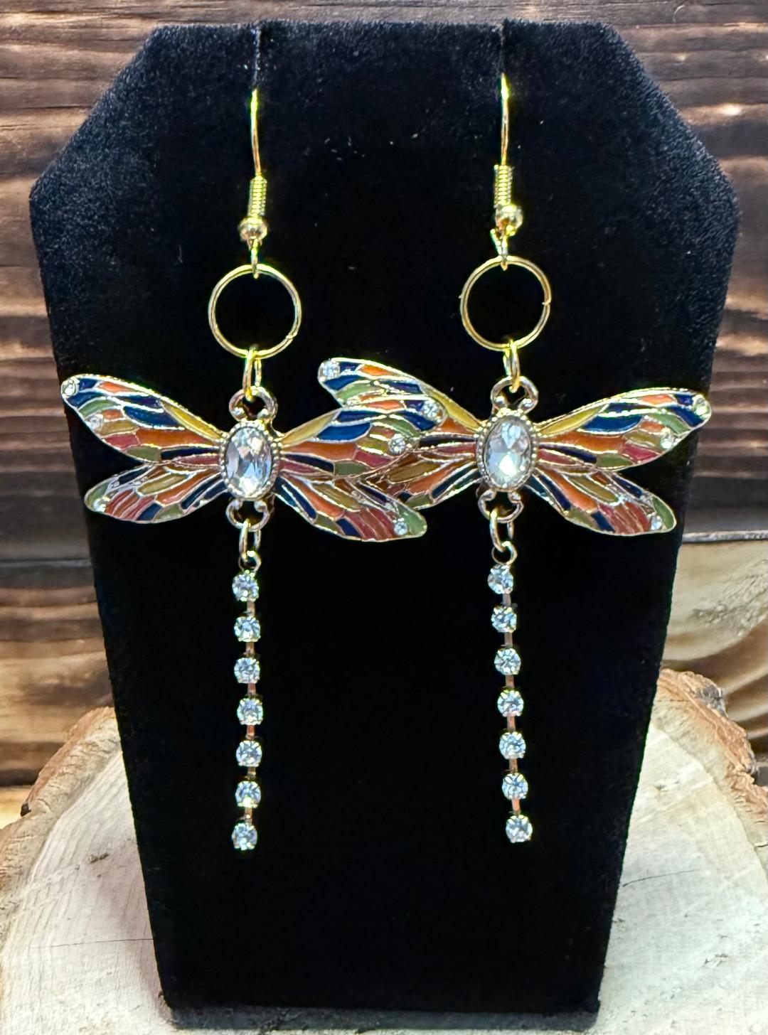 NEW Enamel Dragonfly Rhinestone Tail Earrings