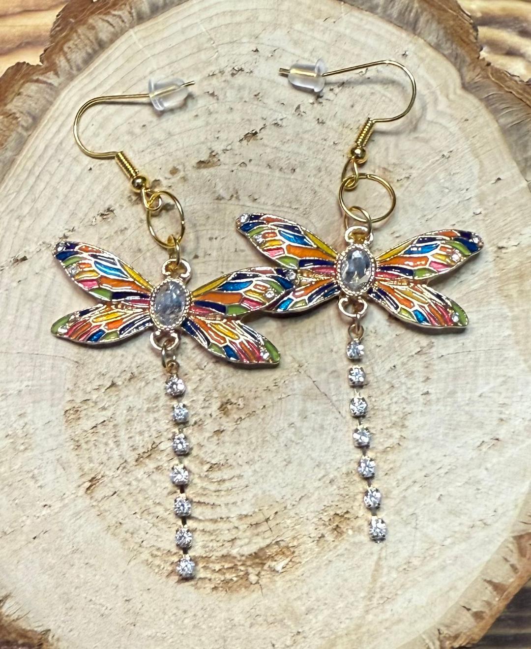 NEW Enamel Dragonfly Rhinestone Tail Earrings
