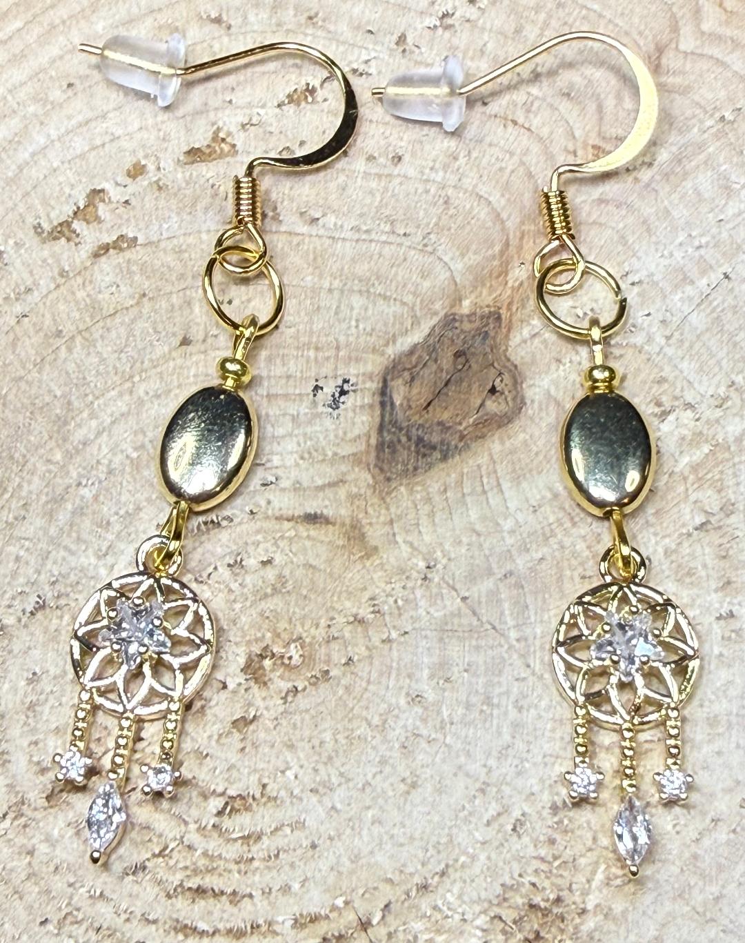 NEW Gold Alloy Dreamcatcher with Sparkling Rhinestones Earrings