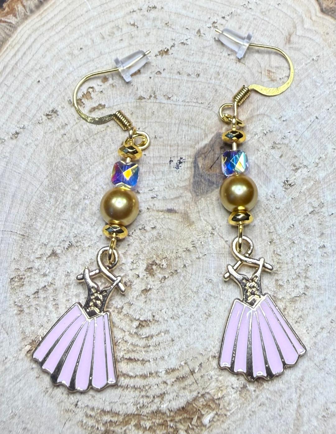 NEW Pretty Dress Earrings in Pink w/ Gold & Iridescent Glass Bead