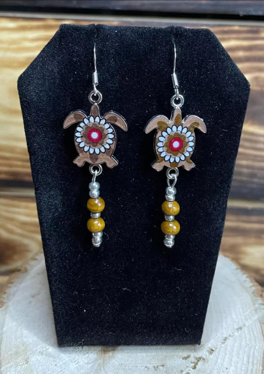 NEW Handmade Boho Hippie Earth Tone Sea Turtle Charm & Beaded Earrings