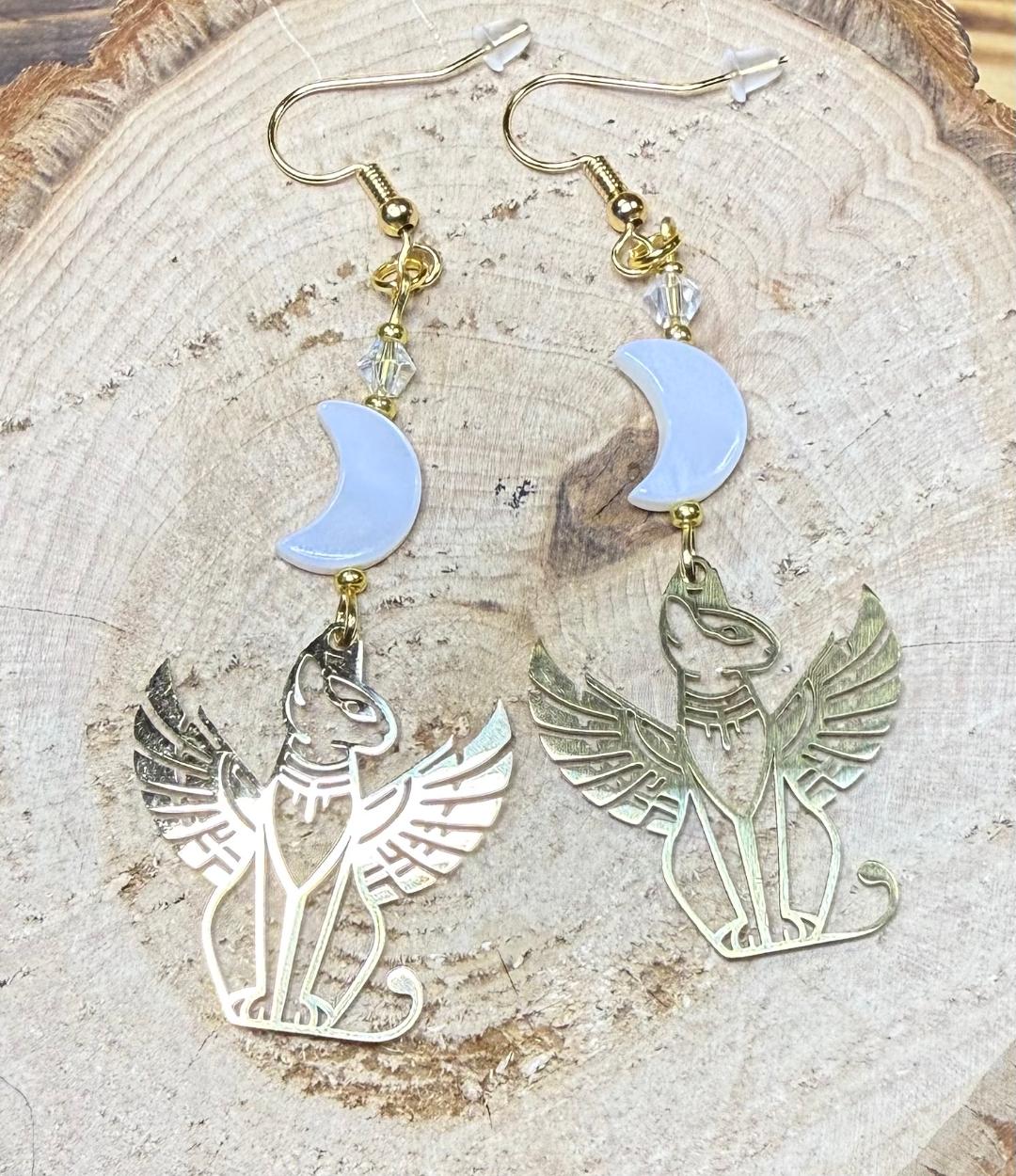 NEW Egyptian Cat Bastet Gold Stainless Steel Earrings w/ Shell Moon Charms