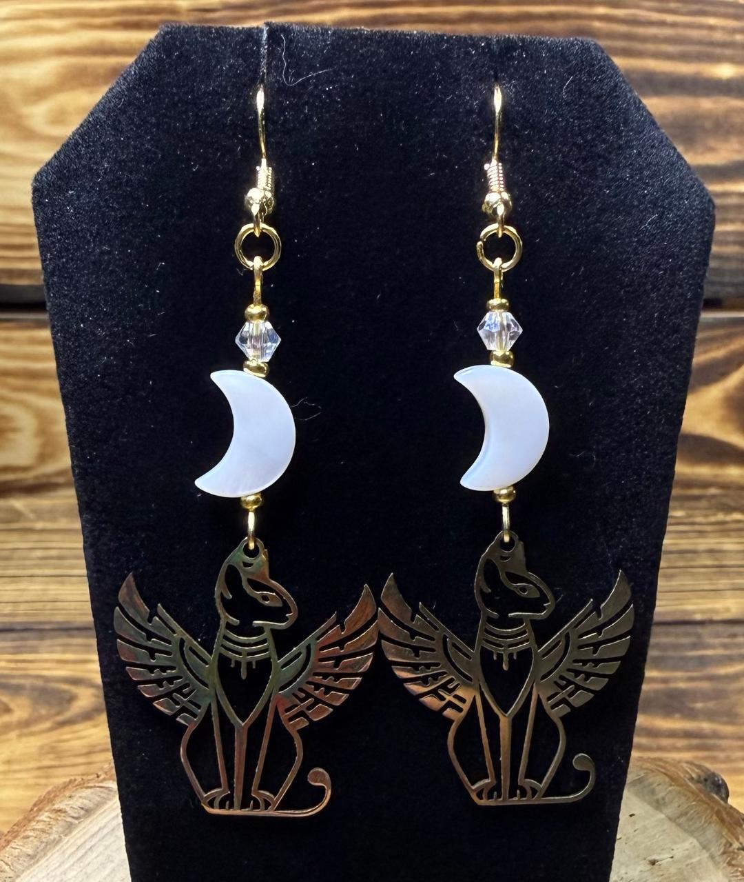 NEW Egyptian Cat Bastet Gold Stainless Steel Earrings w/ Shell Moon Charms
