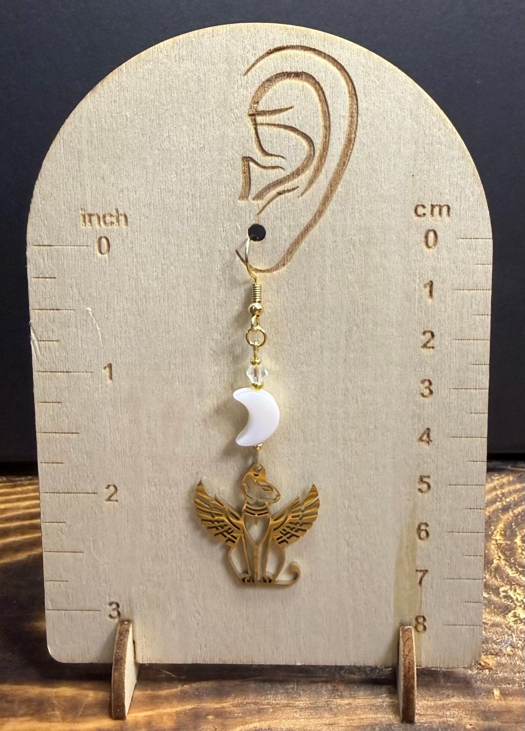 NEW Egyptian Cat Bastet Gold Stainless Steel Earrings w/ Shell Moon Charms