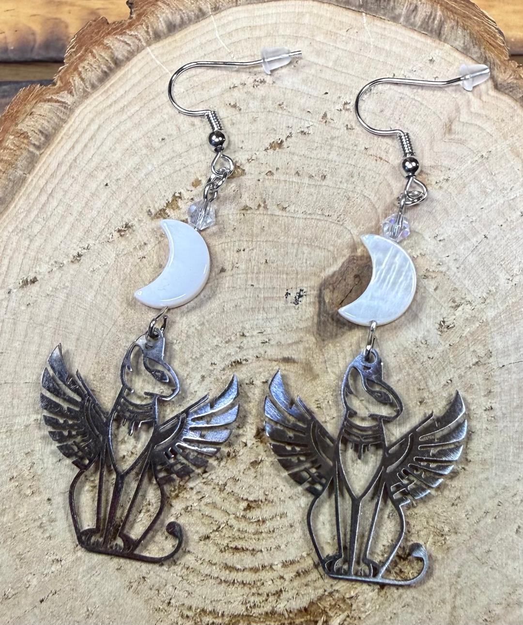 NEW Egyptian Cat Bastet Silver Stainless Steel Earrings w/ Shell Moon Charms
