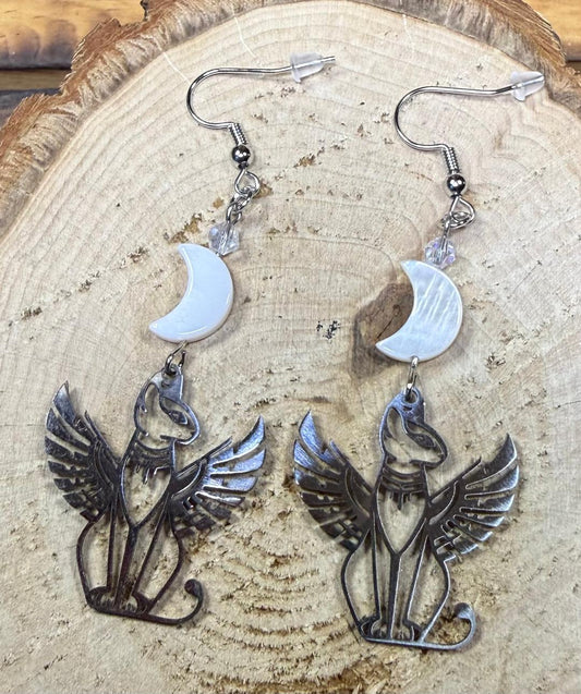 NEW Egyptian Cat Bastet Silver Stainless Steel Earrings w/ Shell Moon Charms