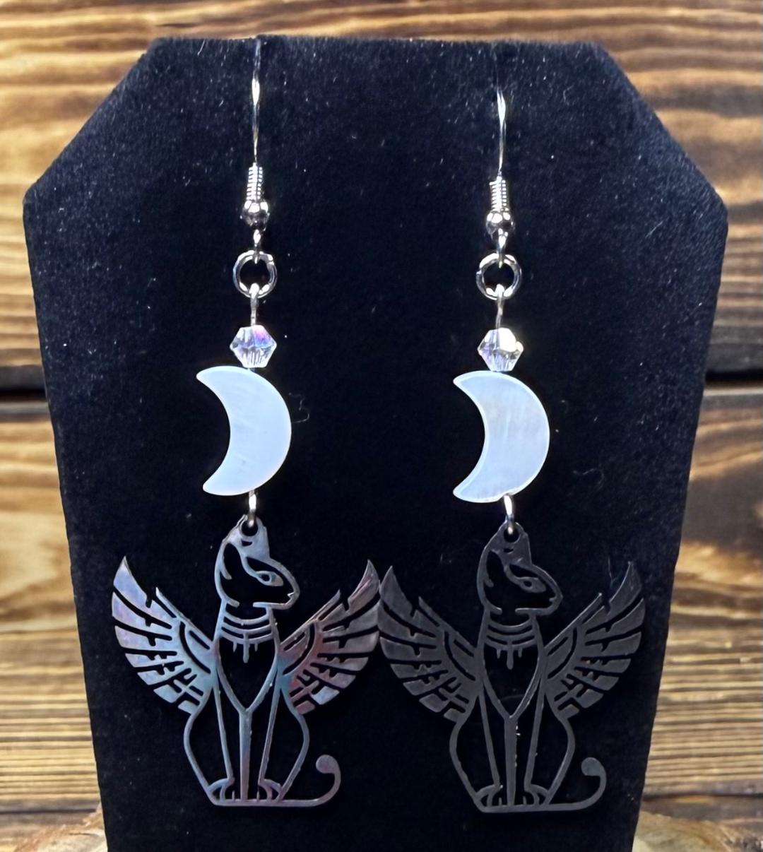 NEW Egyptian Cat Bastet Silver Stainless Steel Earrings w/ Shell Moon Charms