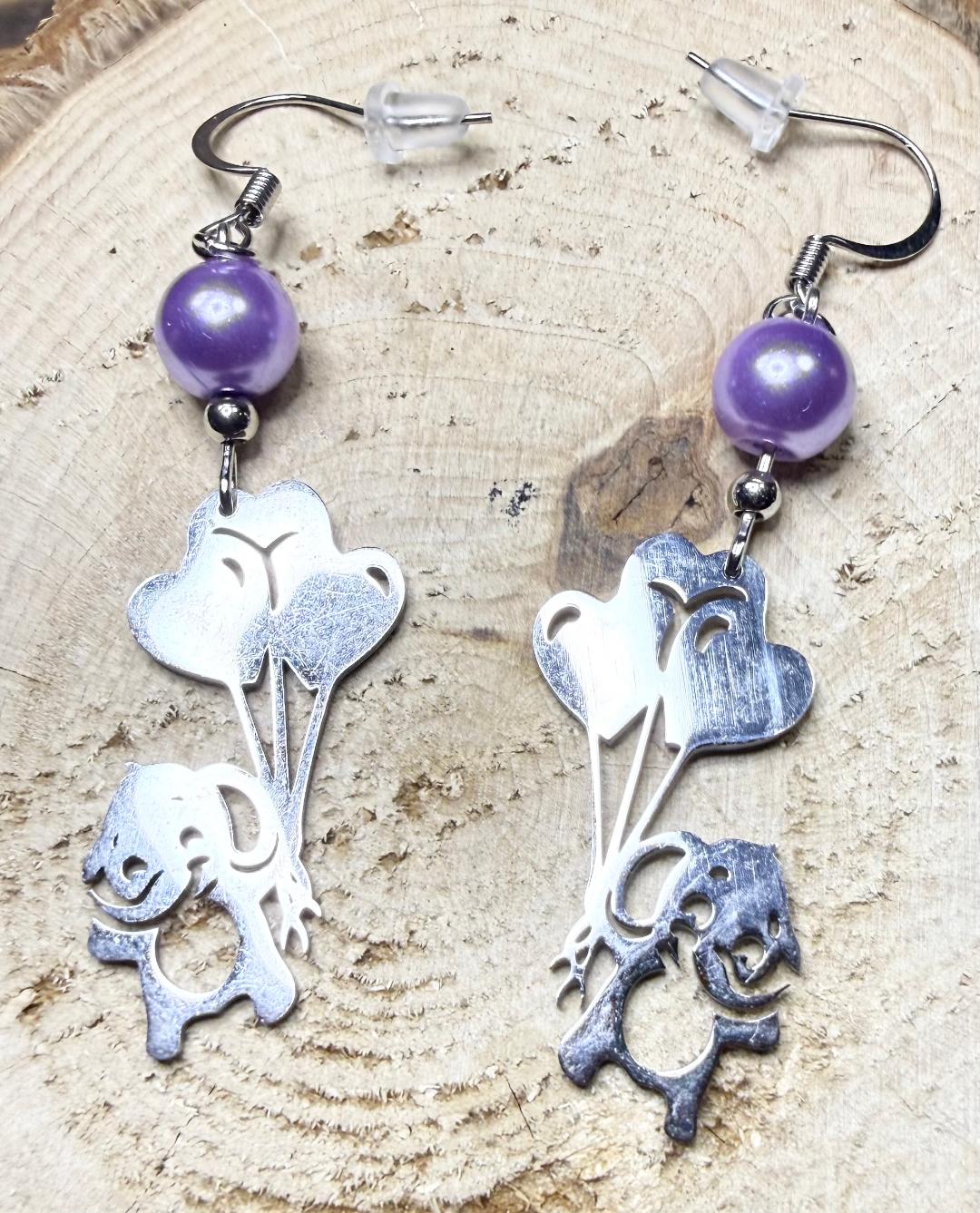 NEW Elephant Holding Balloon Charm Earrings w/ Purple Beads