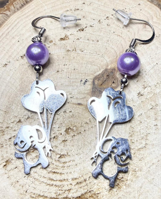 NEW Elephant Holding Balloon Charm Earrings w/ Purple Beads