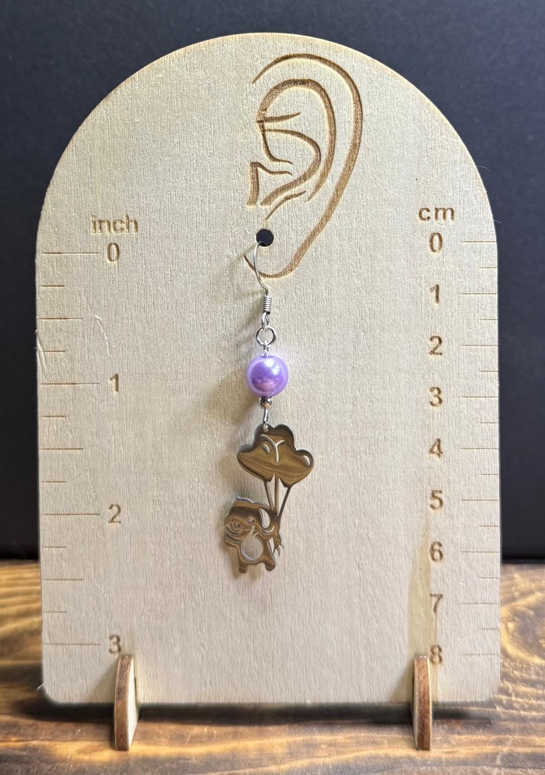 NEW Elephant Holding Balloon Charm Earrings w/ Purple Beads