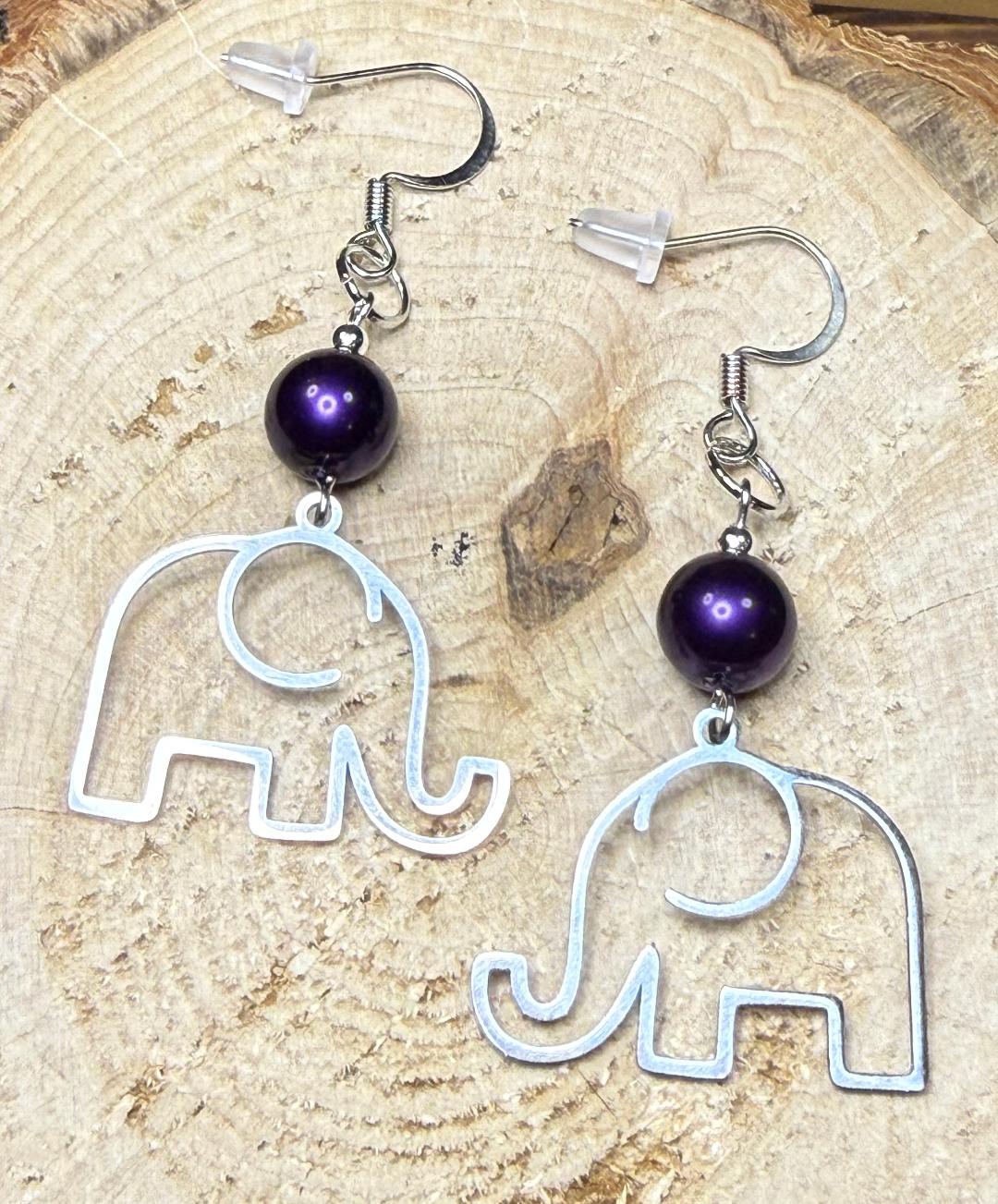 NEW Elephant Outline Stainless Steel Earrings w/ Purple Dyed Glass Beads