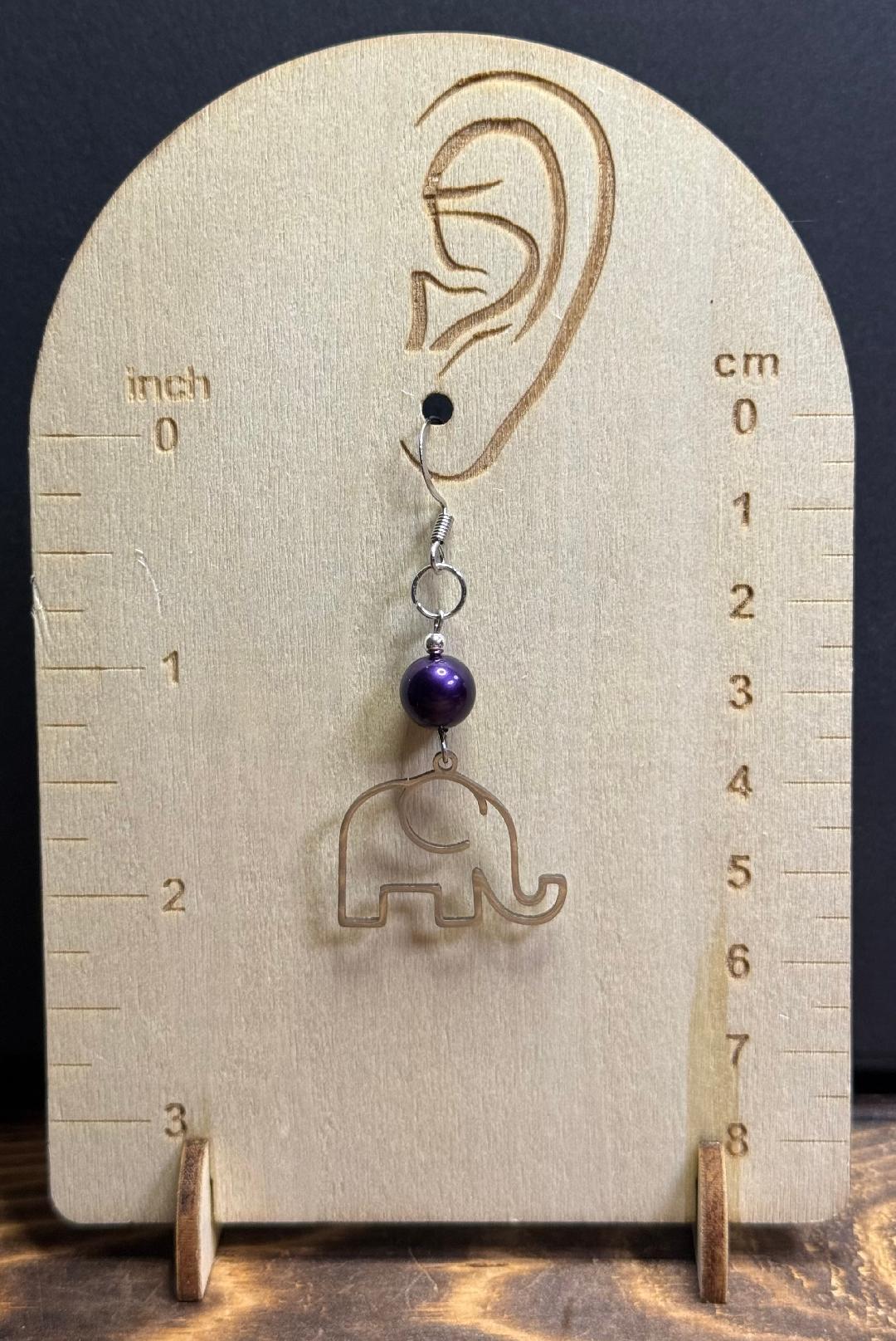 NEW Elephant Outline Stainless Steel Earrings w/ Purple Dyed Glass Beads