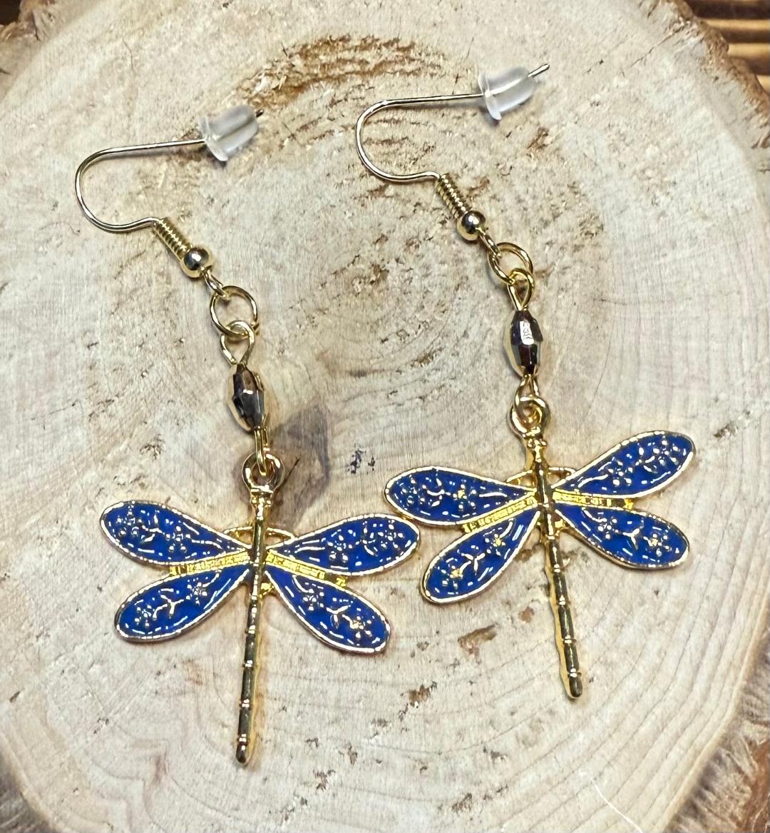 NEW Blue & Gold Dragonfly Earrings w/ Gold Faceted Bead