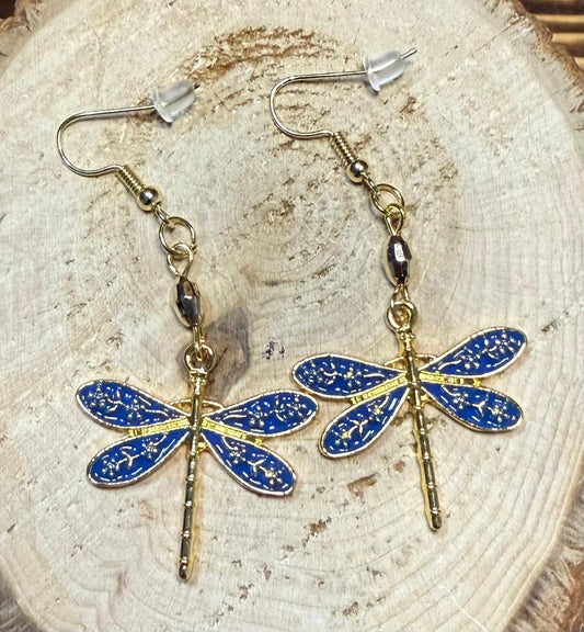 NEW Blue & Gold Dragonfly Earrings w/ Gold Faceted Bead