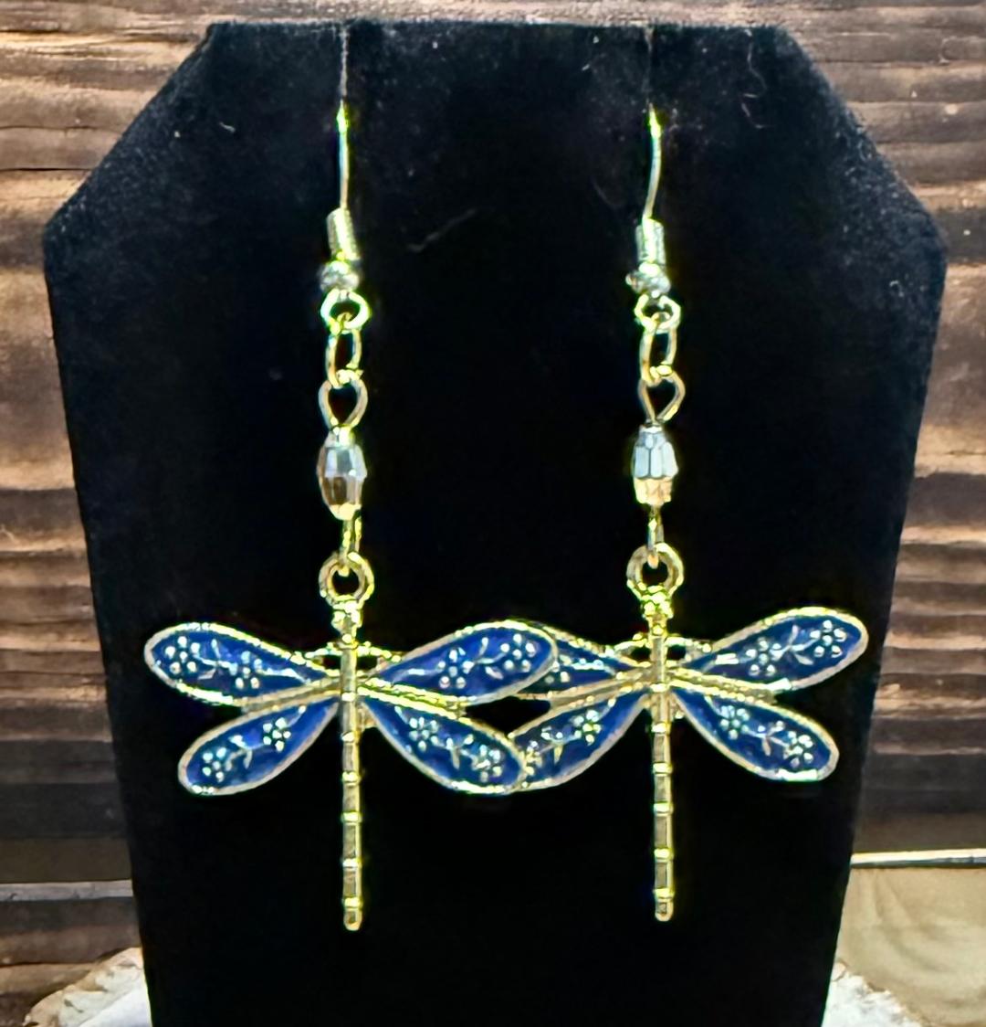 NEW Blue & Gold Dragonfly Earrings w/ Gold Faceted Bead
