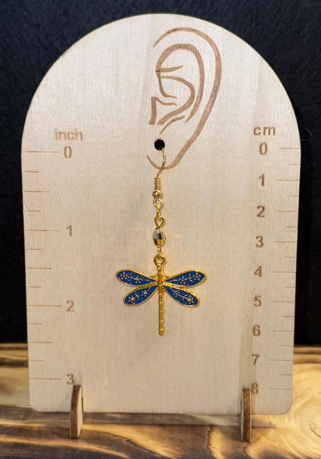 NEW Blue & Gold Dragonfly Earrings w/ Gold Faceted Bead
