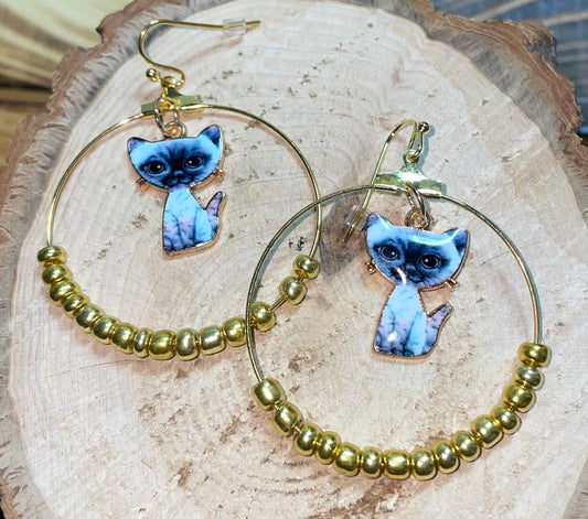 NEW Gold Tone Hoop Earrings w/ Enamel Kitty Cat & Beading