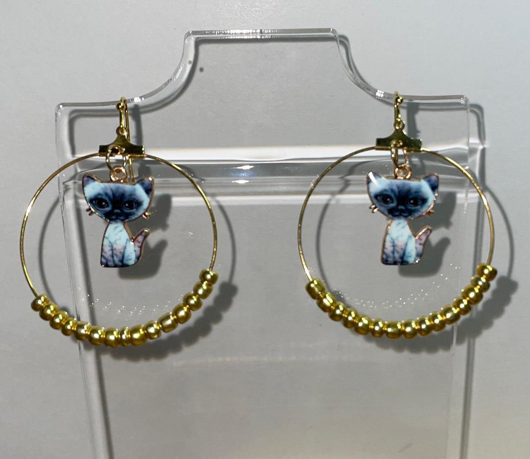 NEW Gold Tone Hoop Earrings w/ Enamel Kitty Cat & Beading
