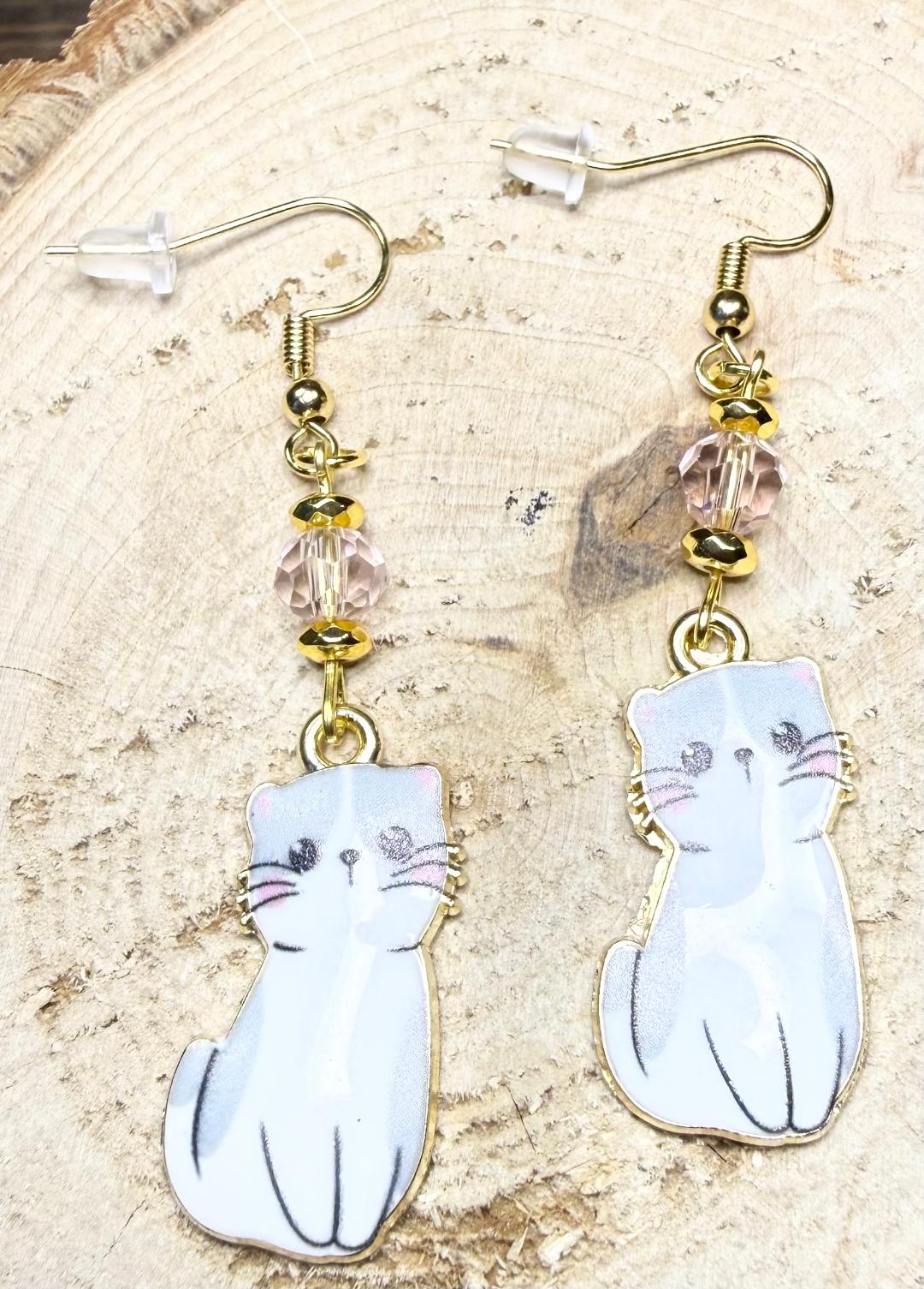 NEW Enamel Cat Earrings in White & Gray w/ Pink Glass Faceted Beads