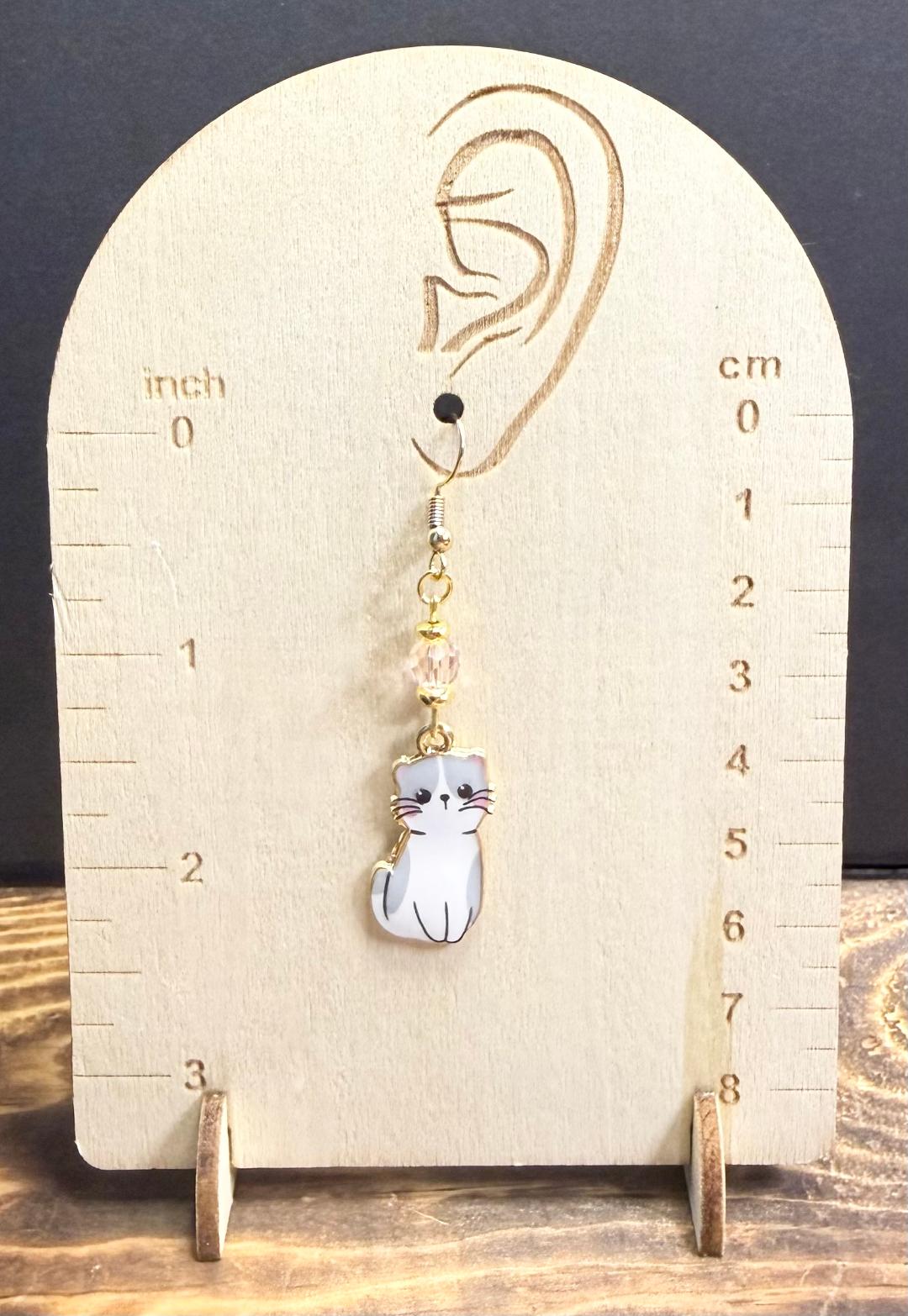 NEW Enamel Cat Earrings in White & Gray w/ Pink Glass Faceted Beads