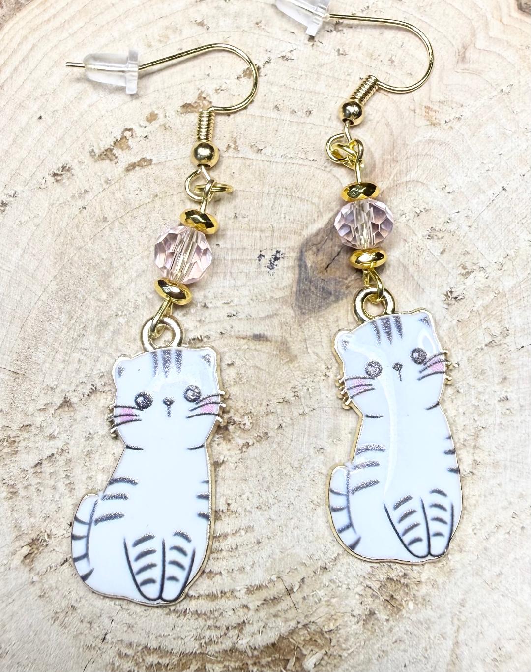 NEW Enamel Cat Earrings in White w/ Pink Glass Faceted Beads
