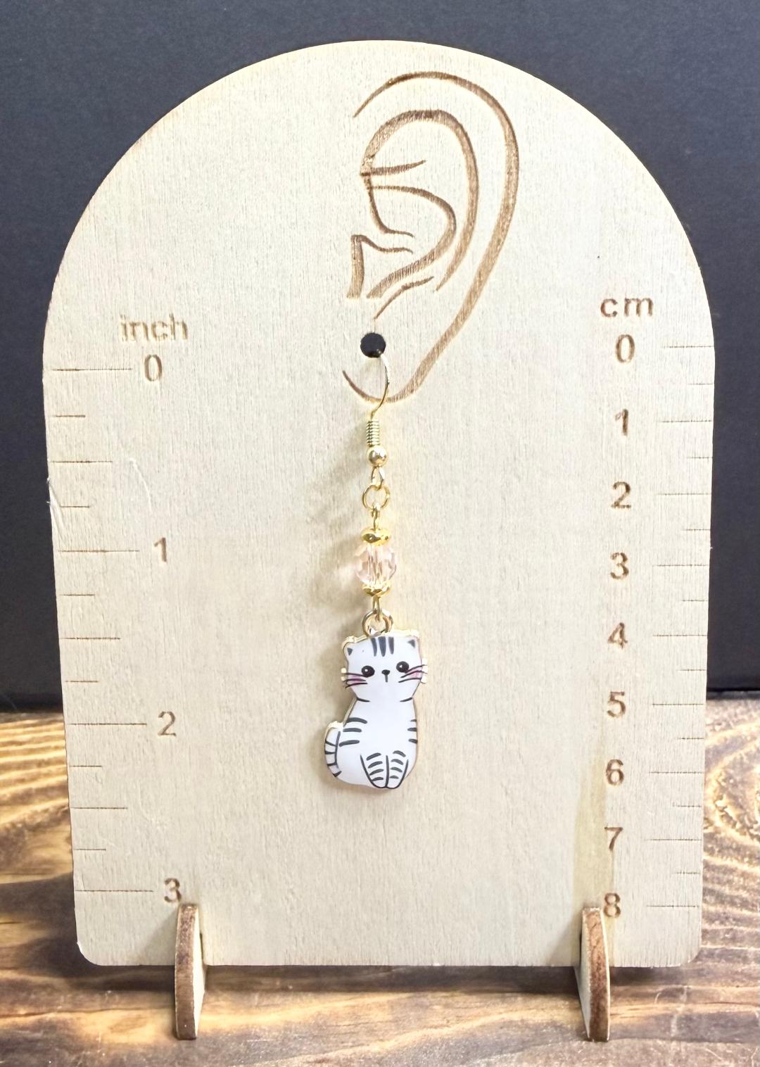 NEW Enamel Cat Earrings in White w/ Pink Glass Faceted Beads