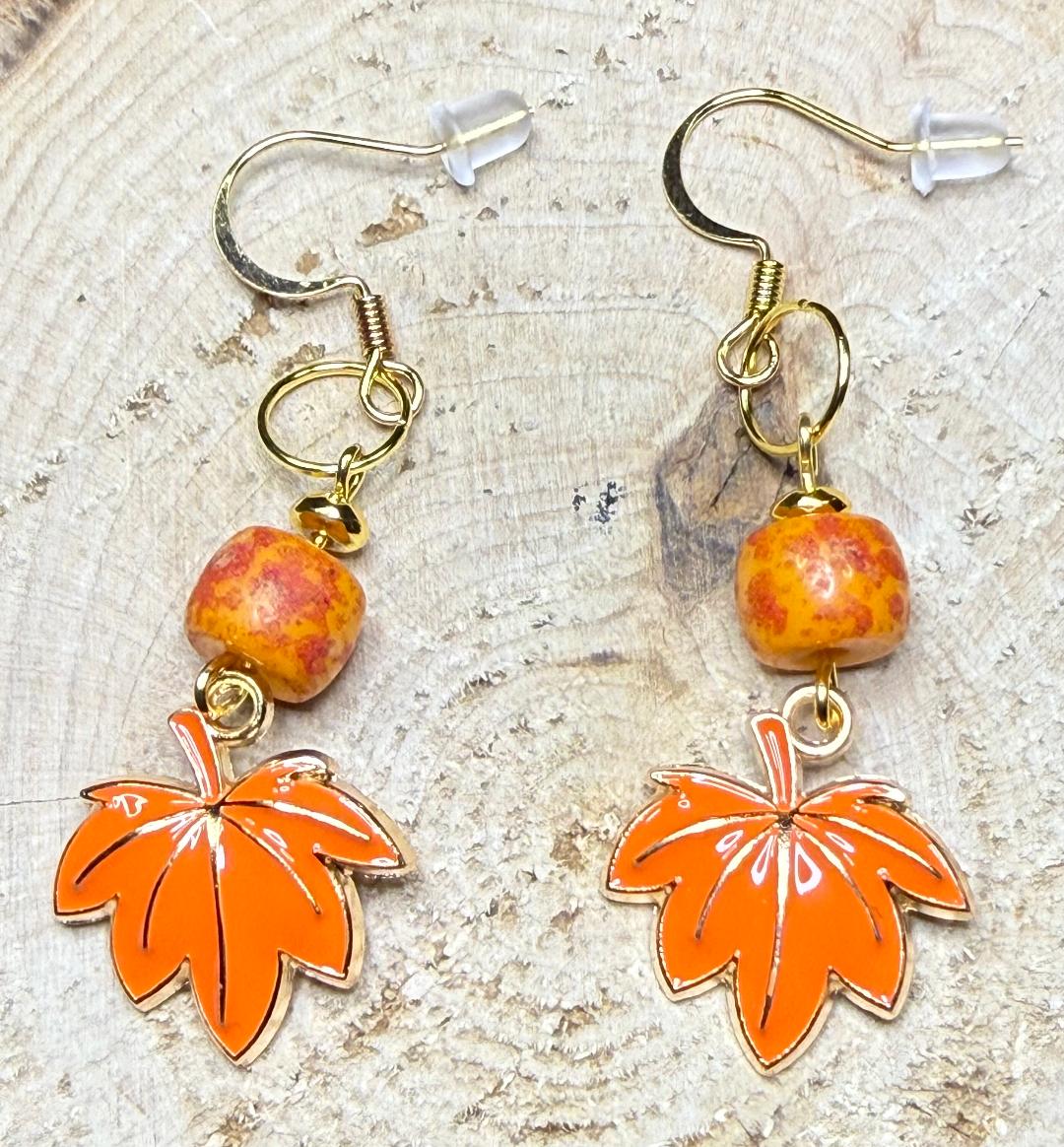 NEW Orange Fall Leaf Earrings w/ Stone Beads