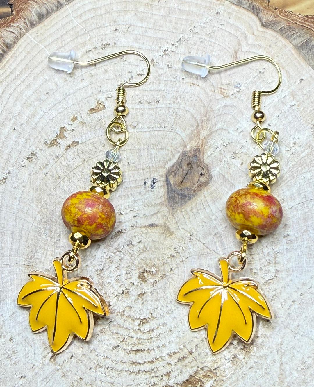 NEW Yellow Fall Leaf Earrings w/ Stone & Flower Beads