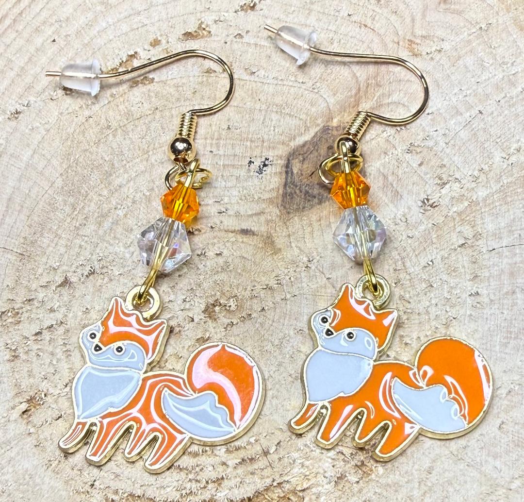 NEW Fluffy Tail Orange Fox Charm Earrings w/ Clear & Orange Glass Beads