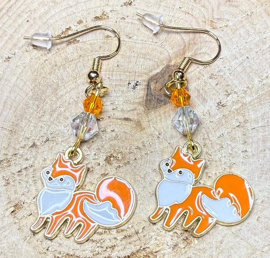 NEW Fluffy Tail Orange Fox Charm Earrings w/ Clear & Orange Glass Beads