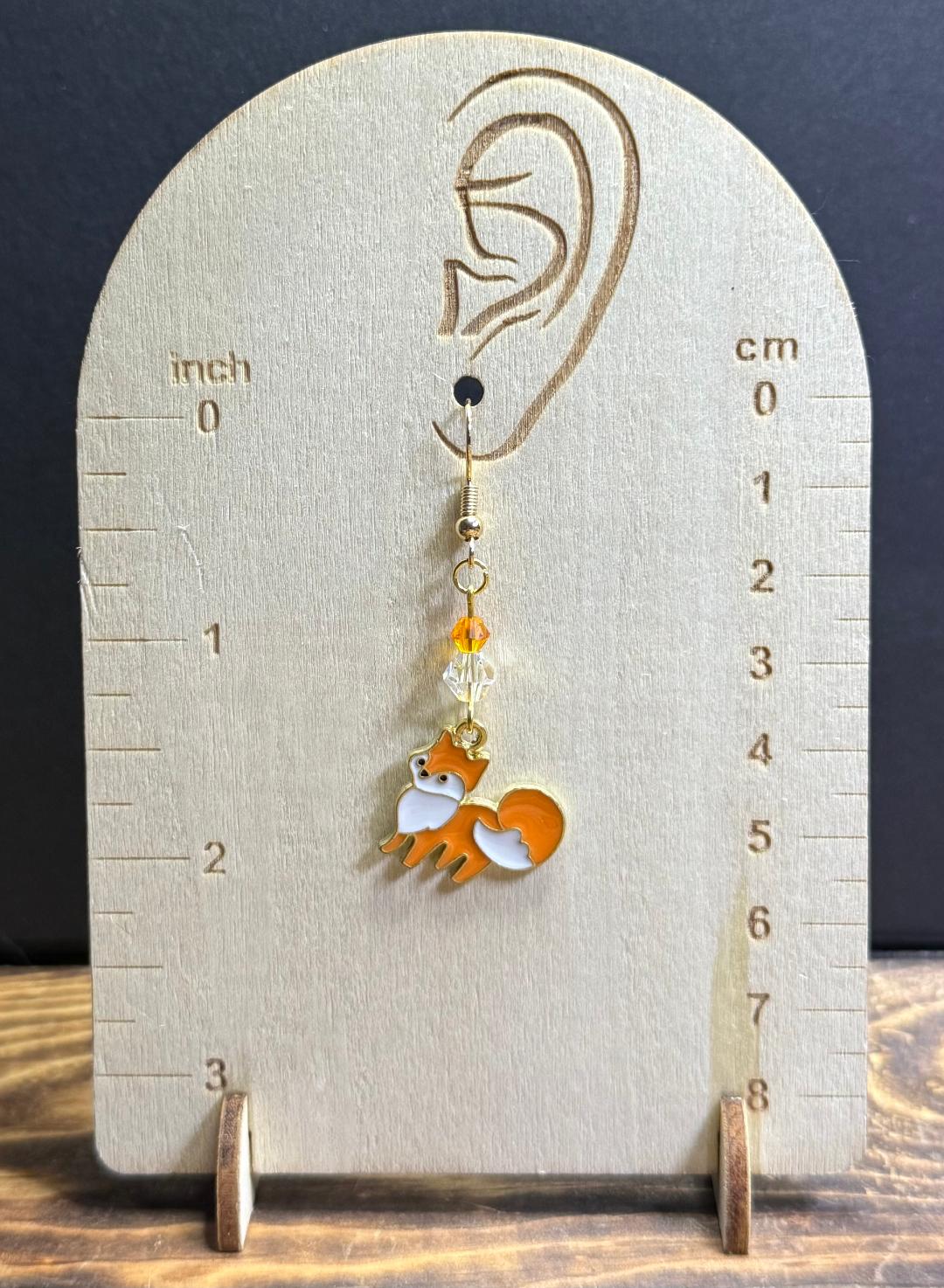 NEW Fluffy Tail Orange Fox Charm Earrings w/ Clear & Orange Glass Beads